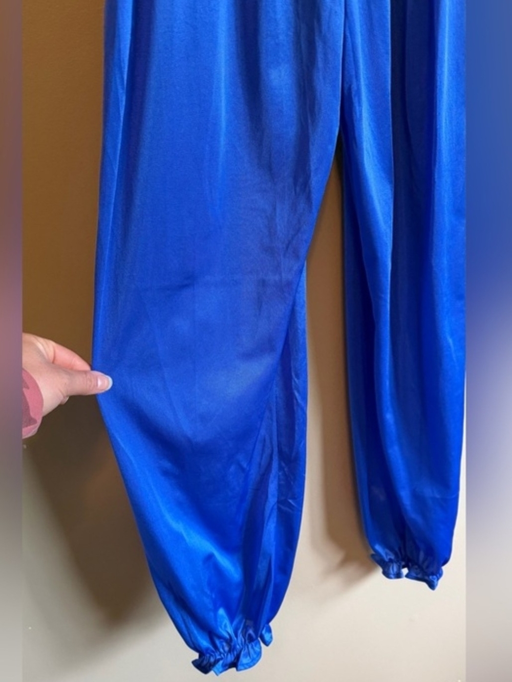 Vintage 80s Lady Cameo Royal Blue Nylon Lace Lounge Jumpsuit M - Picture 2 of 10